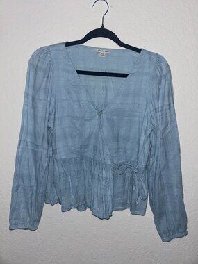 Blue Front-Tying Long-Sleeve Blouse